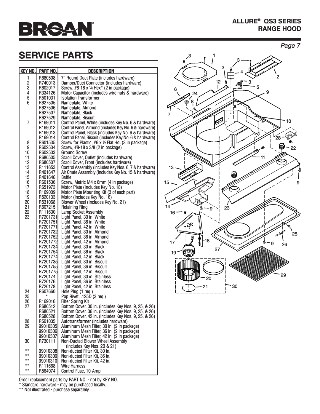 Broan QS342SS warranty Service Parts, Key No. Part No, ALLURE QS3 SERIES RANGE HOOD, Page 