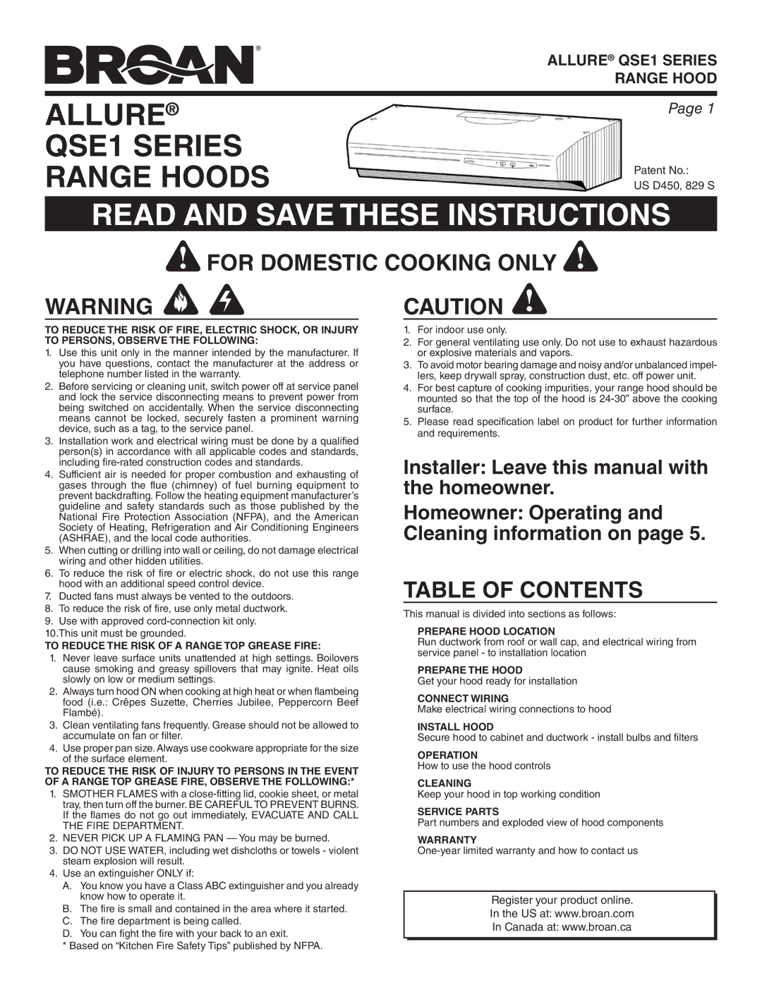 Broan QSE1 warranty For Domestic Cooking only, Table of Contents 