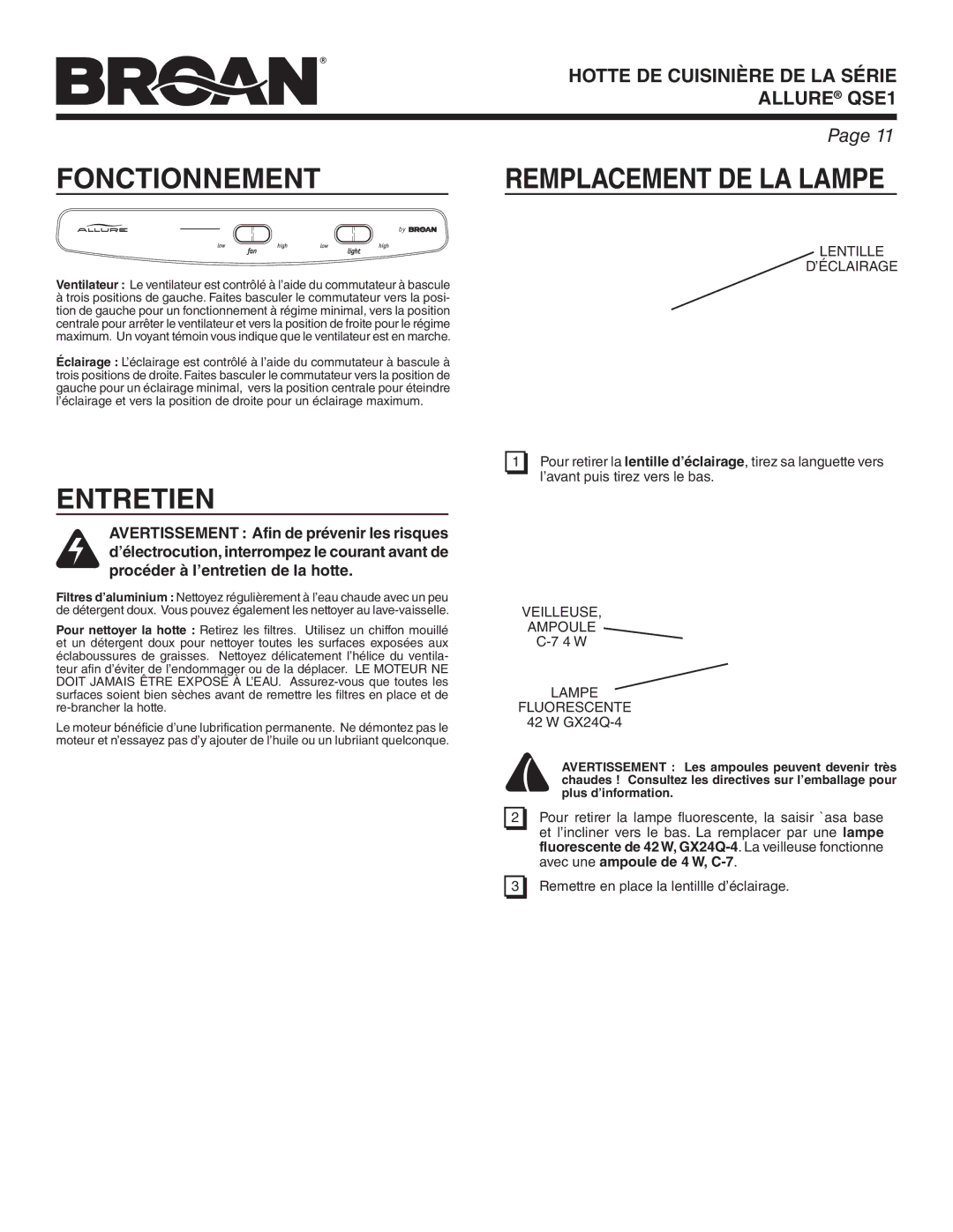 Broan QSE1 warranty Fonctionnement, Entretien, Remplacement DE LA Lampe 