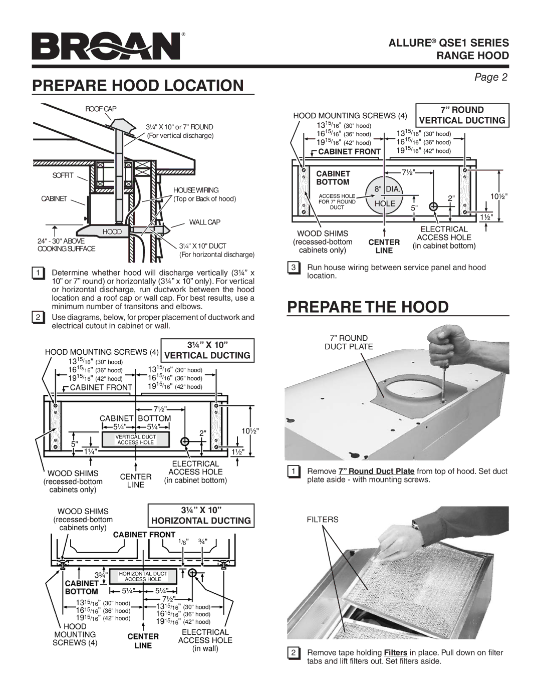 Broan QSE1 warranty Prepare Hood Location, Prepare the Hood, Filters, Round, Duct Plate 