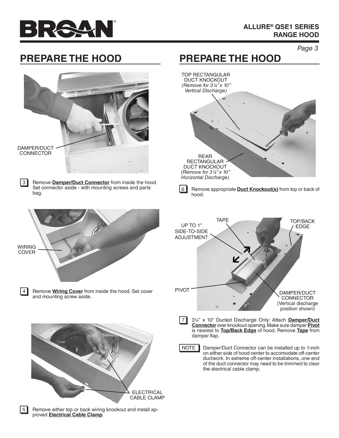 Broan QSE1 DAMPER/DUCT Connector, TOP Rectangular Duct Knockout, Rear Rectangular Duct Knockout, Wiring Cover, Edge 