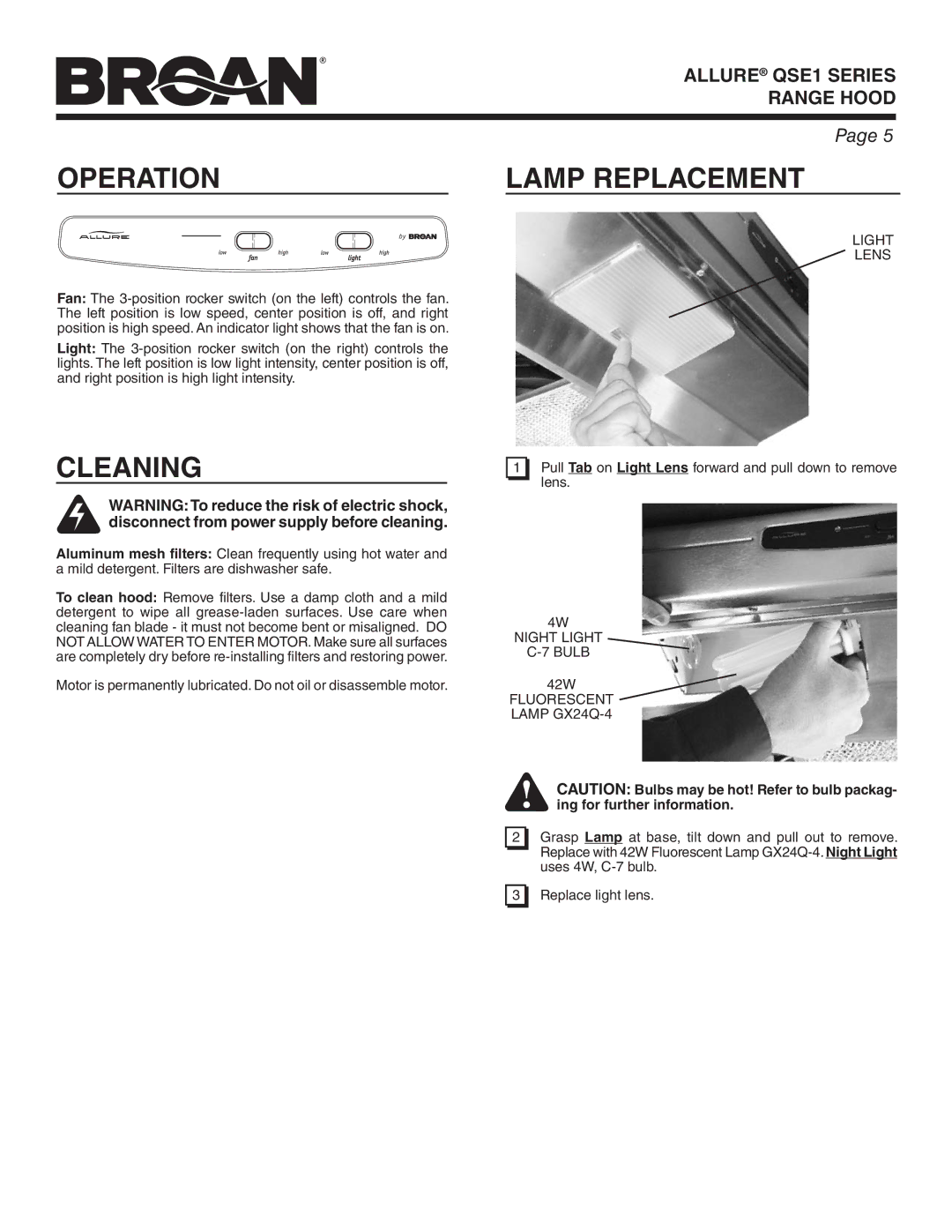 Broan QSE1 warranty Operation, Cleaning, Light Lens, Night Light Bulb, Fluorescent Lamp GX24Q-4 