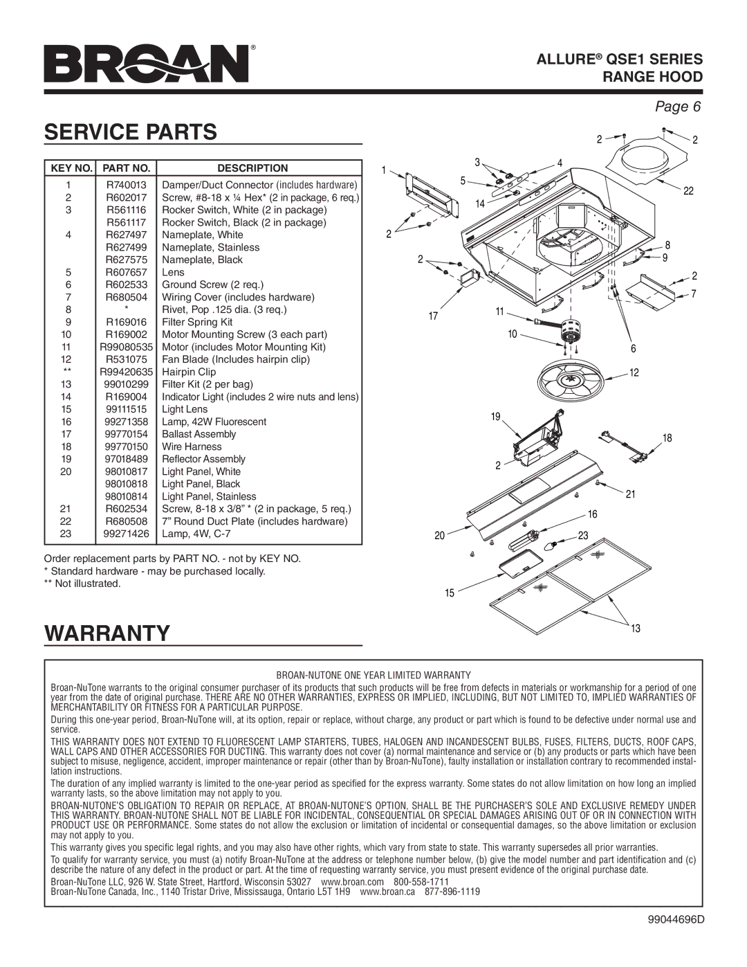 Broan QSE1 warranty Service Parts, Description, BROAN-NUTONE ONE Year Limited Warranty 