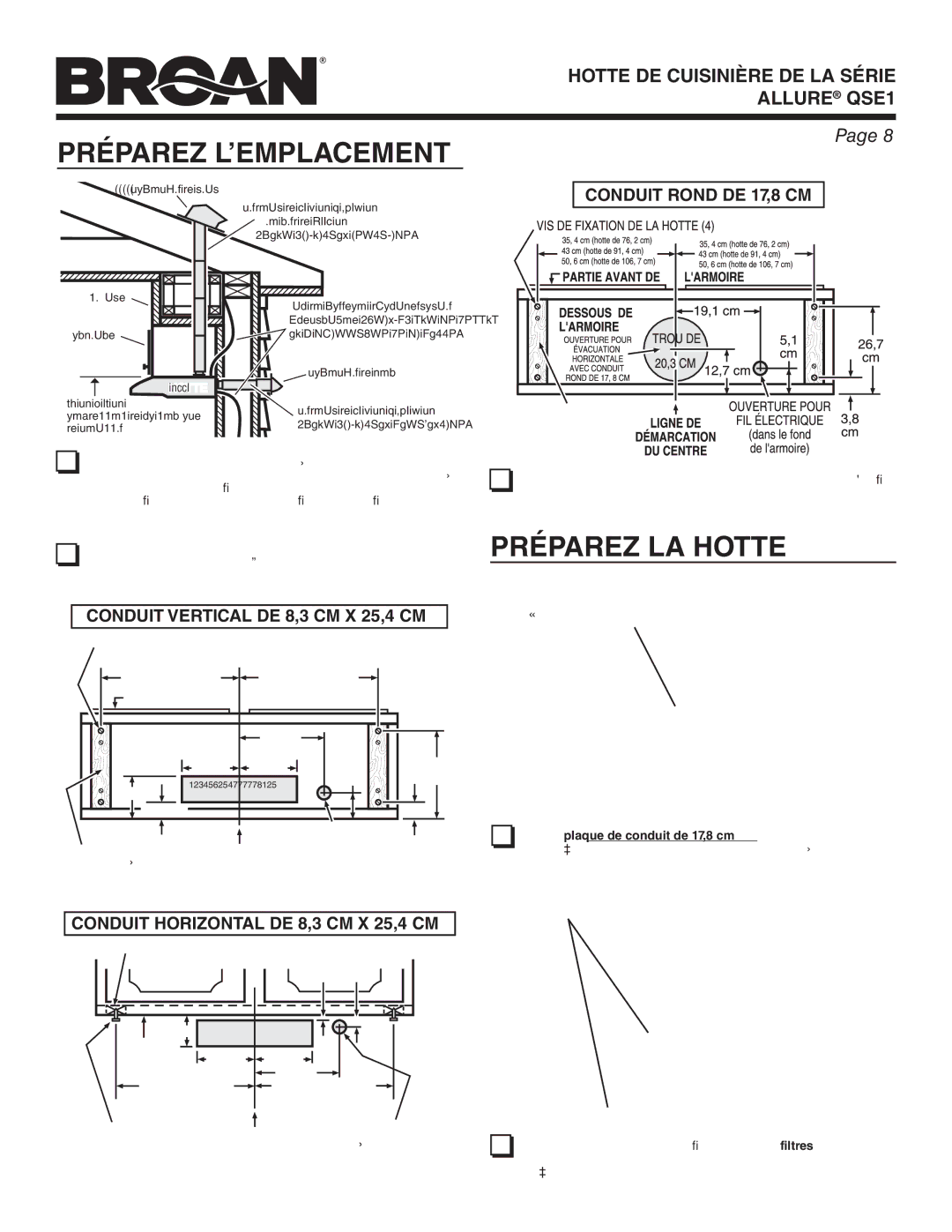 Broan QSE1 warranty Préparez L’EMPLACEMENT, Préparez LA Hotte, Plaque DE Conduit, Filtres 