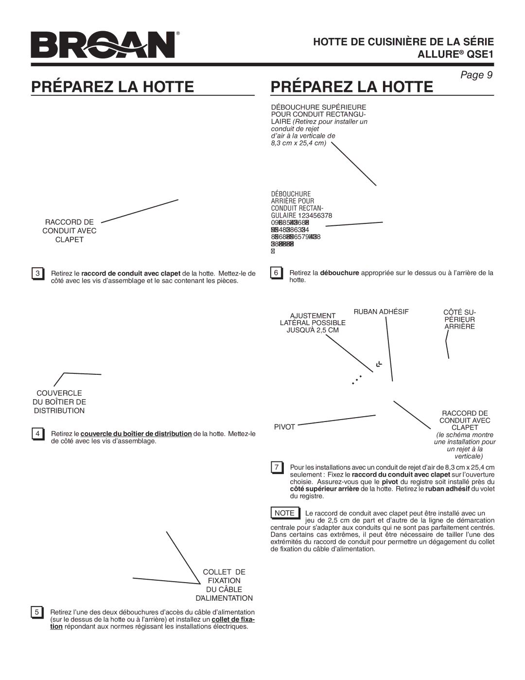 Broan QSE1 Raccord DE Conduit Avec Clapet, Couvercle DU Boîtier DE Distribution, Collet DE Fixation DU Câble ’ALIMENTATION 