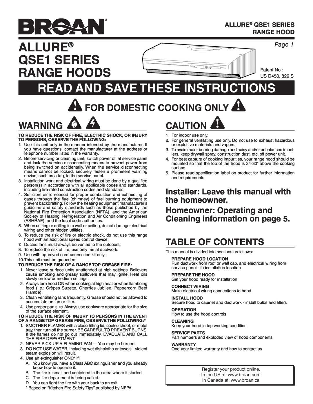 Broan QSE1 warranty Read And Save These Instructions, For Domestic Cooking Only, Table Of Contents, Range Hood, Page 