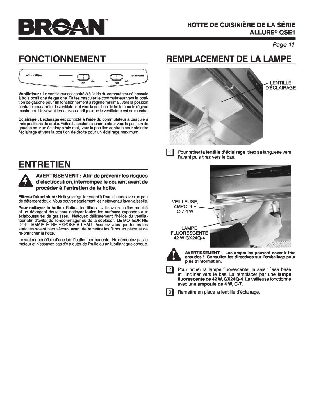 Broan warranty Fonctionnement, Entretien, Remplacement De La Lampe, HOTTE DE CUISINIÈRE DE LA SÉRIE ALLURE QSE1, Page 