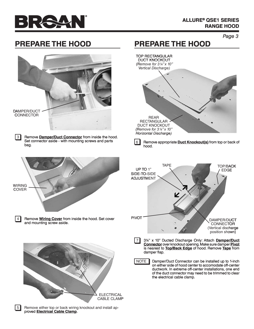 Broan warranty Prepare The Hood, ALLURE QSE1 SERIES RANGE HOOD, Page, Remove for 3¼” x 10” Vertical Discharge 