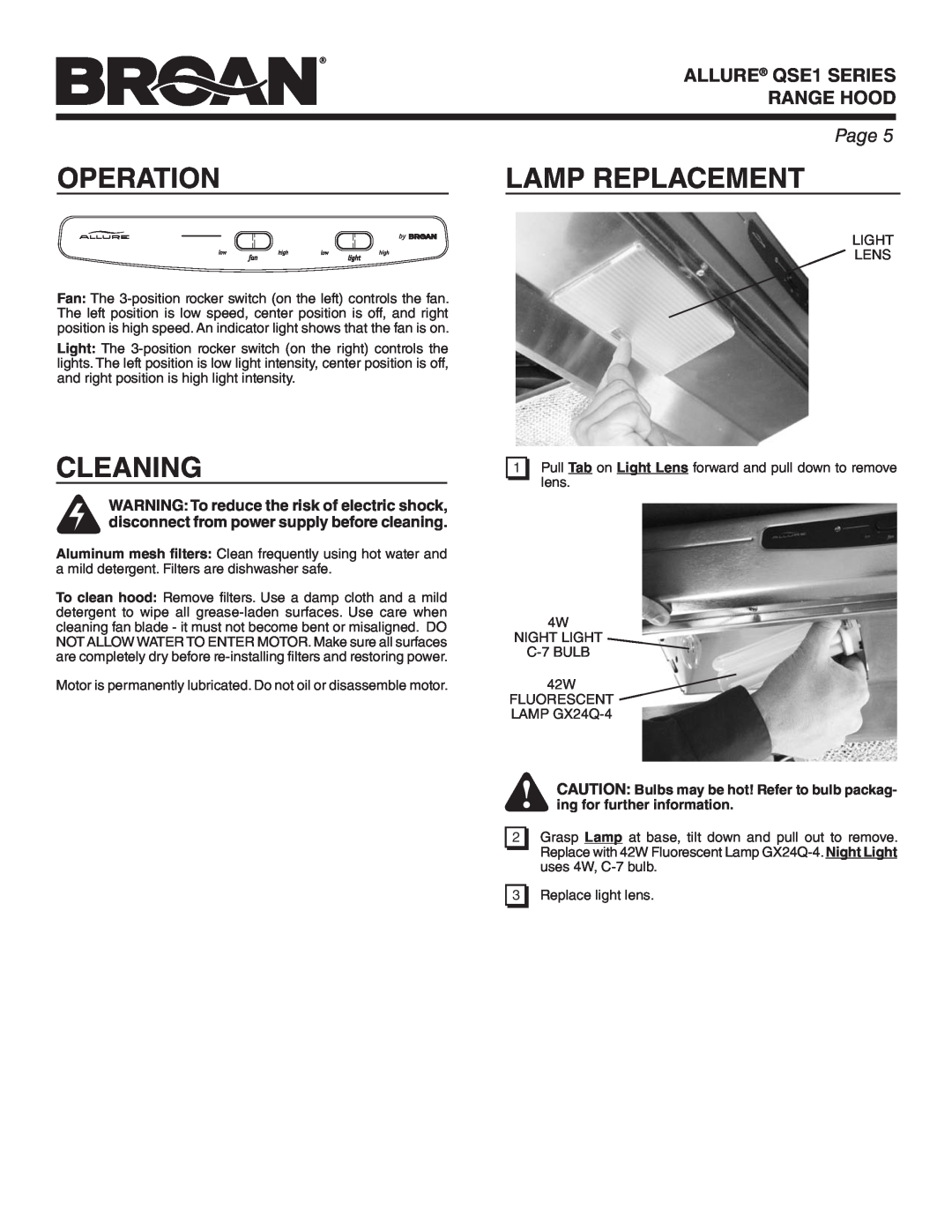 Broan warranty Operation, Cleaning, ALLURE QSE1 SERIES, Lamp Replacement, Range Hood, Page 