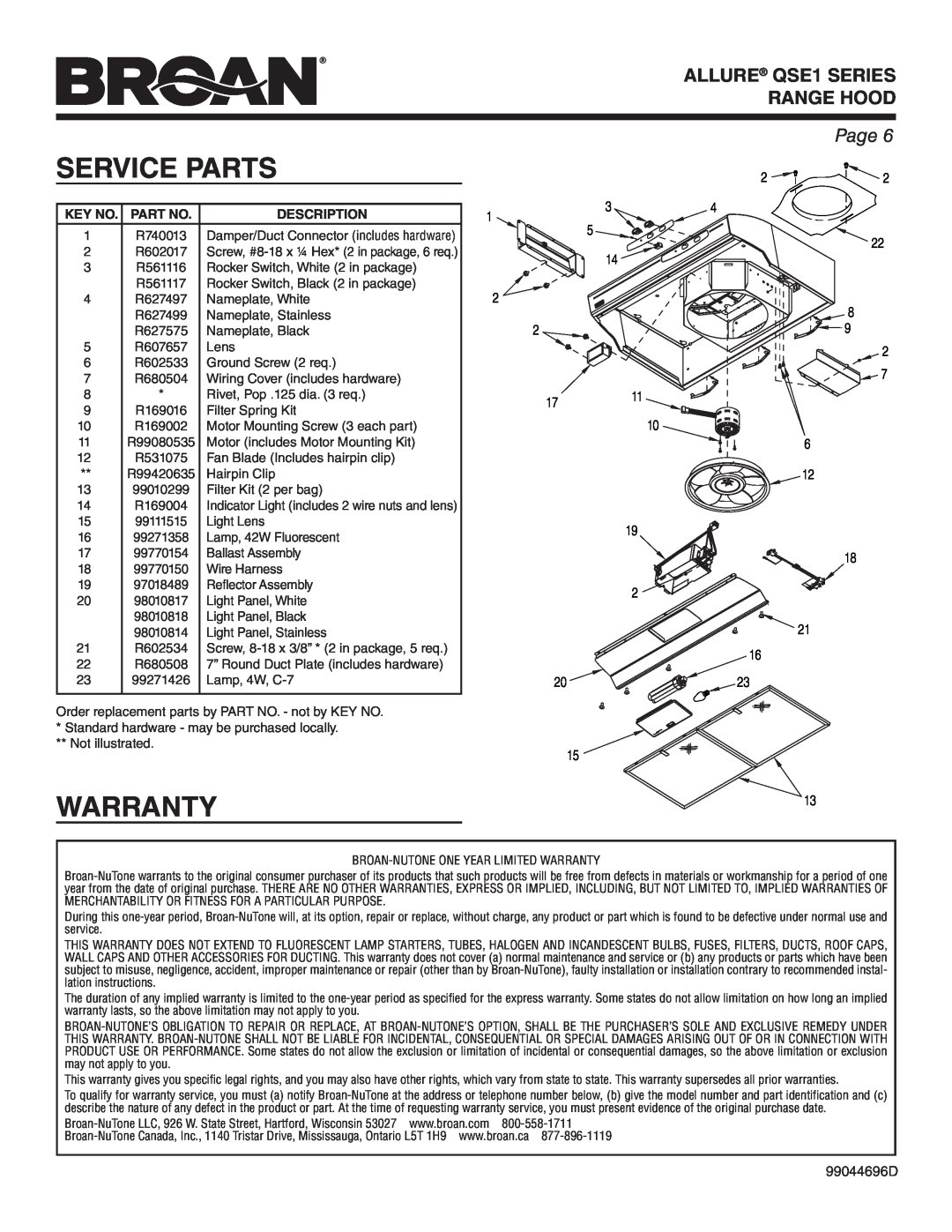 Broan warranty Service Parts, Warranty, ALLURE QSE1 SERIES RANGE HOOD, Page, 99044696D 