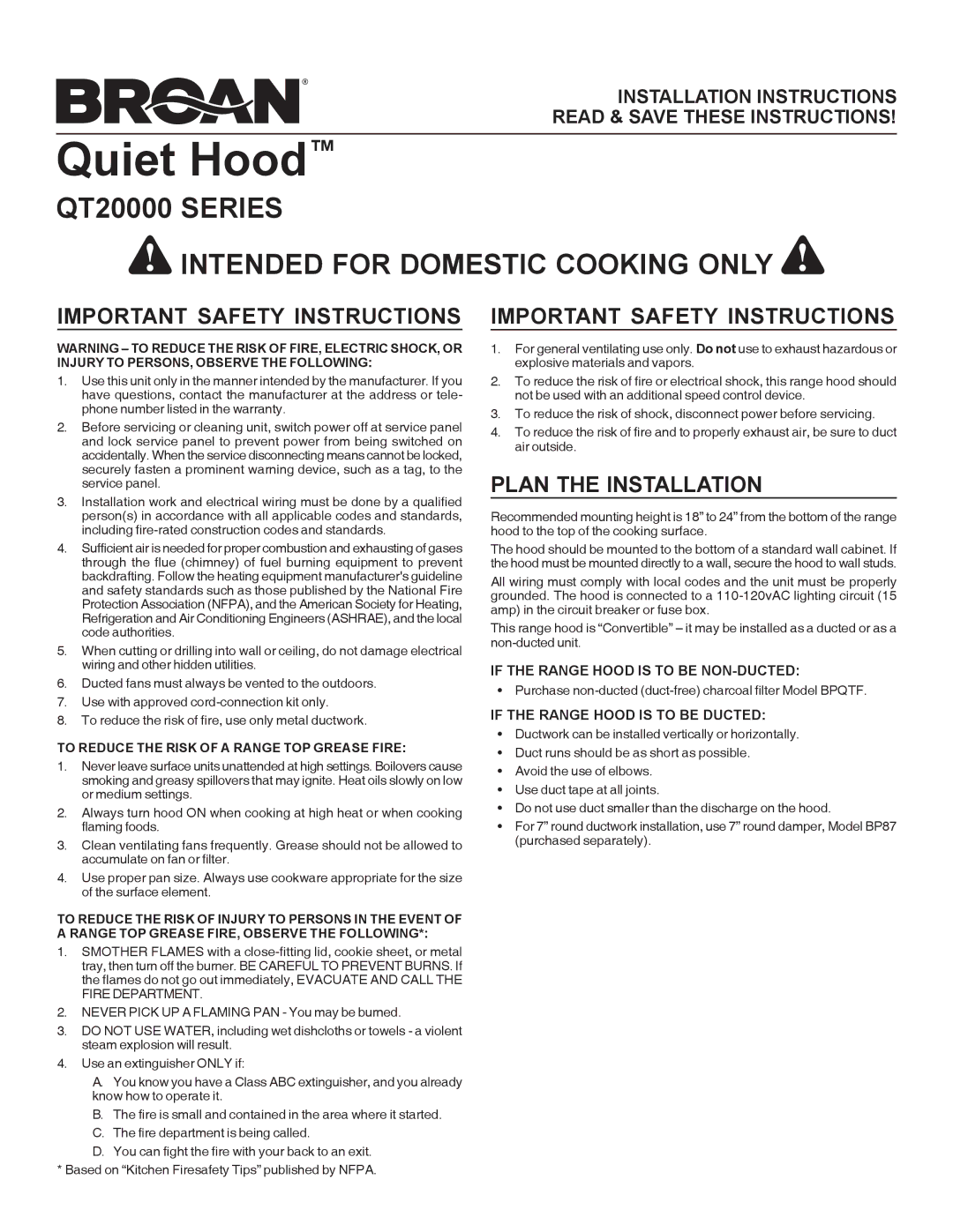 Broan QT230BL installation instructions Important Safety Instructions, Plan the Installation 