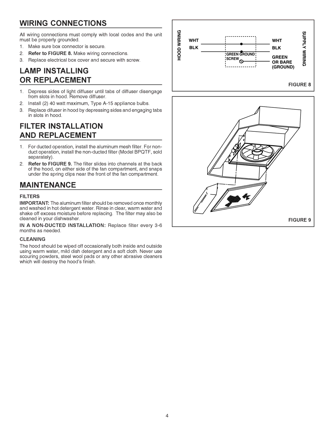 Broan QT230BL Wiring Connections, Lamp Installing Or Replacement, Filter Installation Replacement, Maintenance 