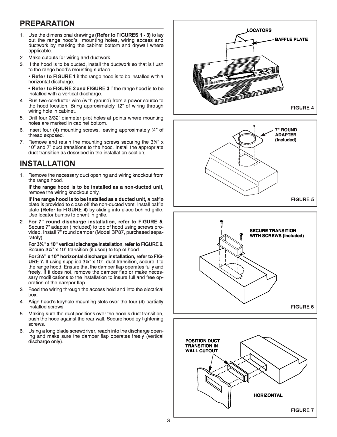 Broan QT230BL installation instructions Preparation, Installation, For 7” round discharge installation, refer to FIGURE 