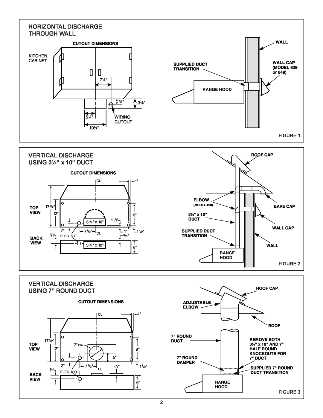 Broan QT230SS installation instructions Horizontal Discharge Through Wall, VERTICAL DISCHARGE USING 3¼” x 10” DUCT 