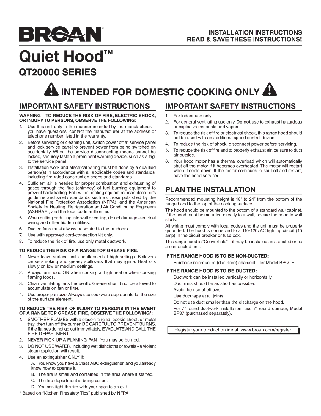 Broan QT230BL, QT230WW, QT230SS installation instructions Important Safety Instructions, Plan the Installation 