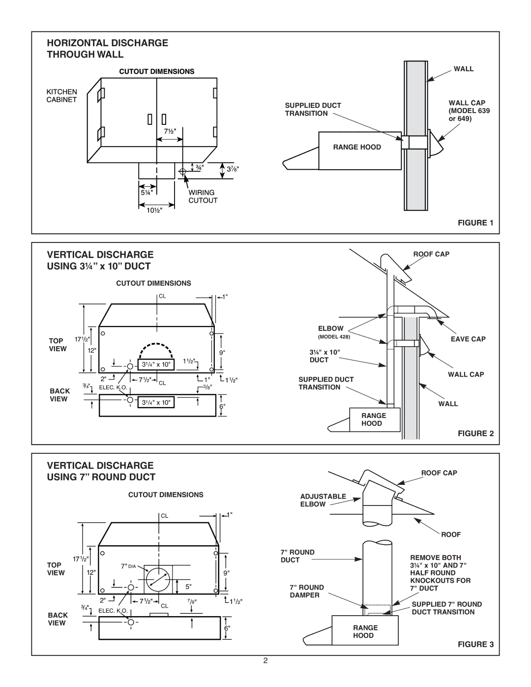 Broan QT230SS, QT230WW, QT230BL Supplied Duct Transition Range Hood Wall, Cutout Dimensions TOP View, View Back 