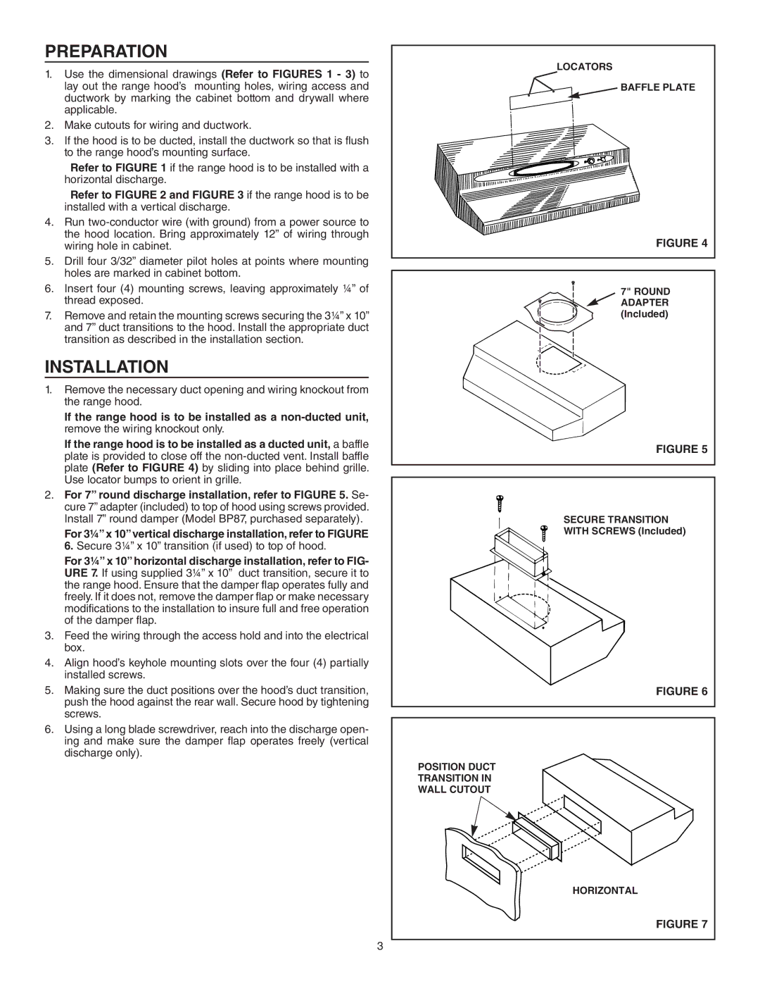 Broan QT230WW, QT230BL, QT230SS installation instructions Preparation, Installation, Locators Baffle Plate, Secure Transition 