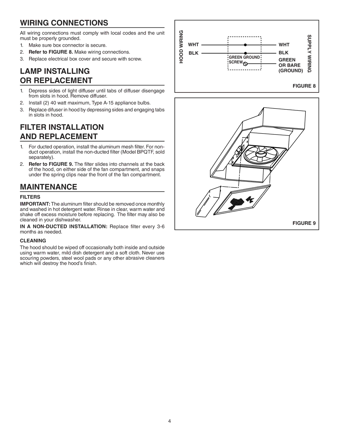 Broan QT230BL, QT230WW Wiring Connections, Lamp Installing Or Replacement, Filter Installation Replacement, Maintenance 