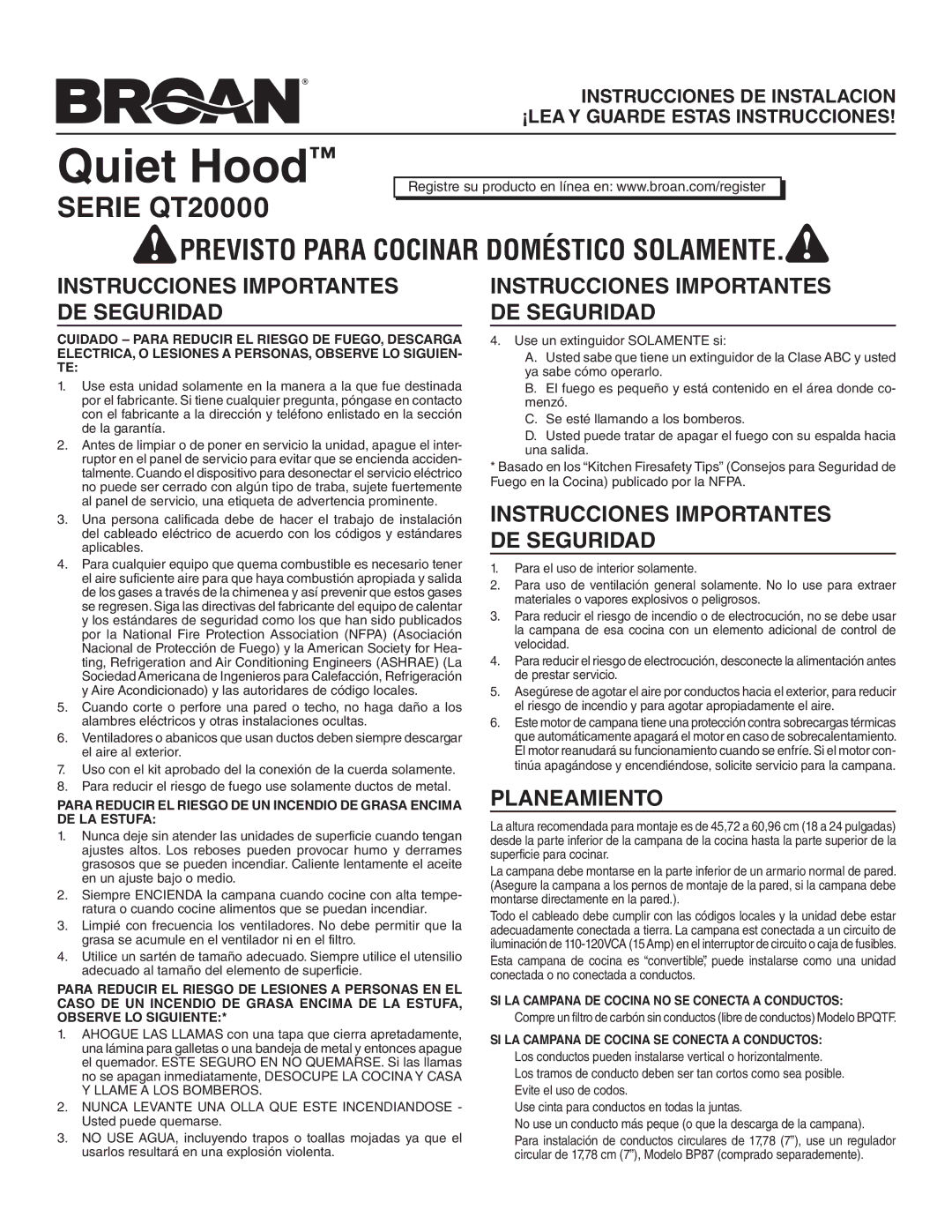 Broan QT230BL Instrucciones Importantes DE Seguridad, Planeamiento, SI LA Campana DE Cocina no SE Conecta a Conductos 