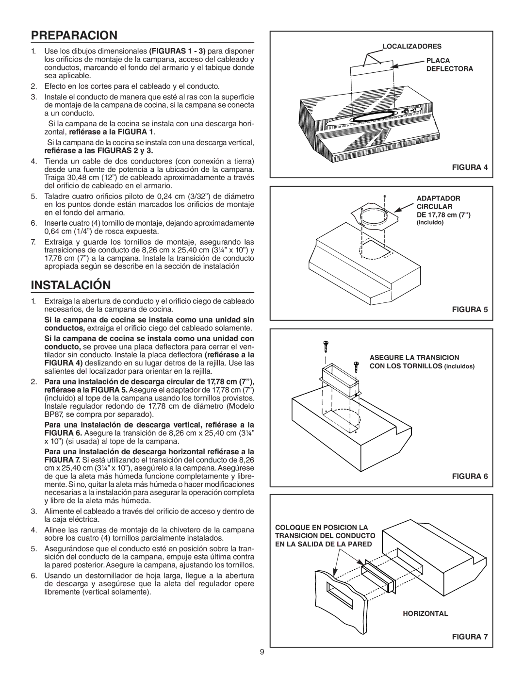 Broan QT230WW, QT230BL Preparacion, Instalación, Localizadores Placa Deflectora, Adaptador Circular, Asegure LA Transicion 