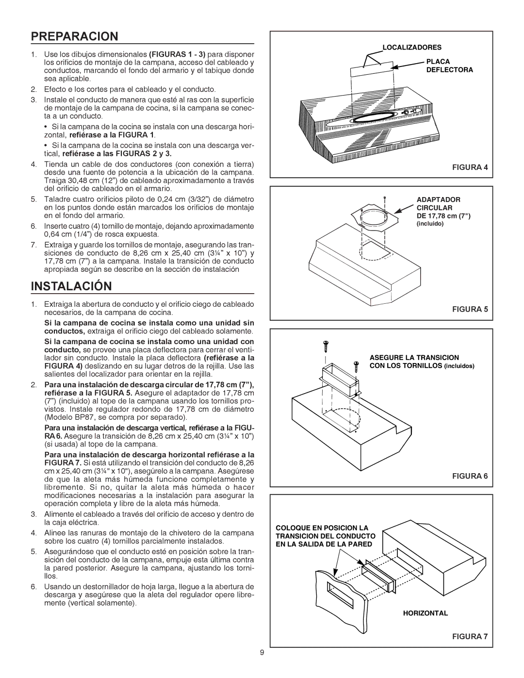 Broan QT230WW Preparacion, Instalación, Localizadores Placa Deflectora, Adaptador Circular, Asegure LA Transicion 