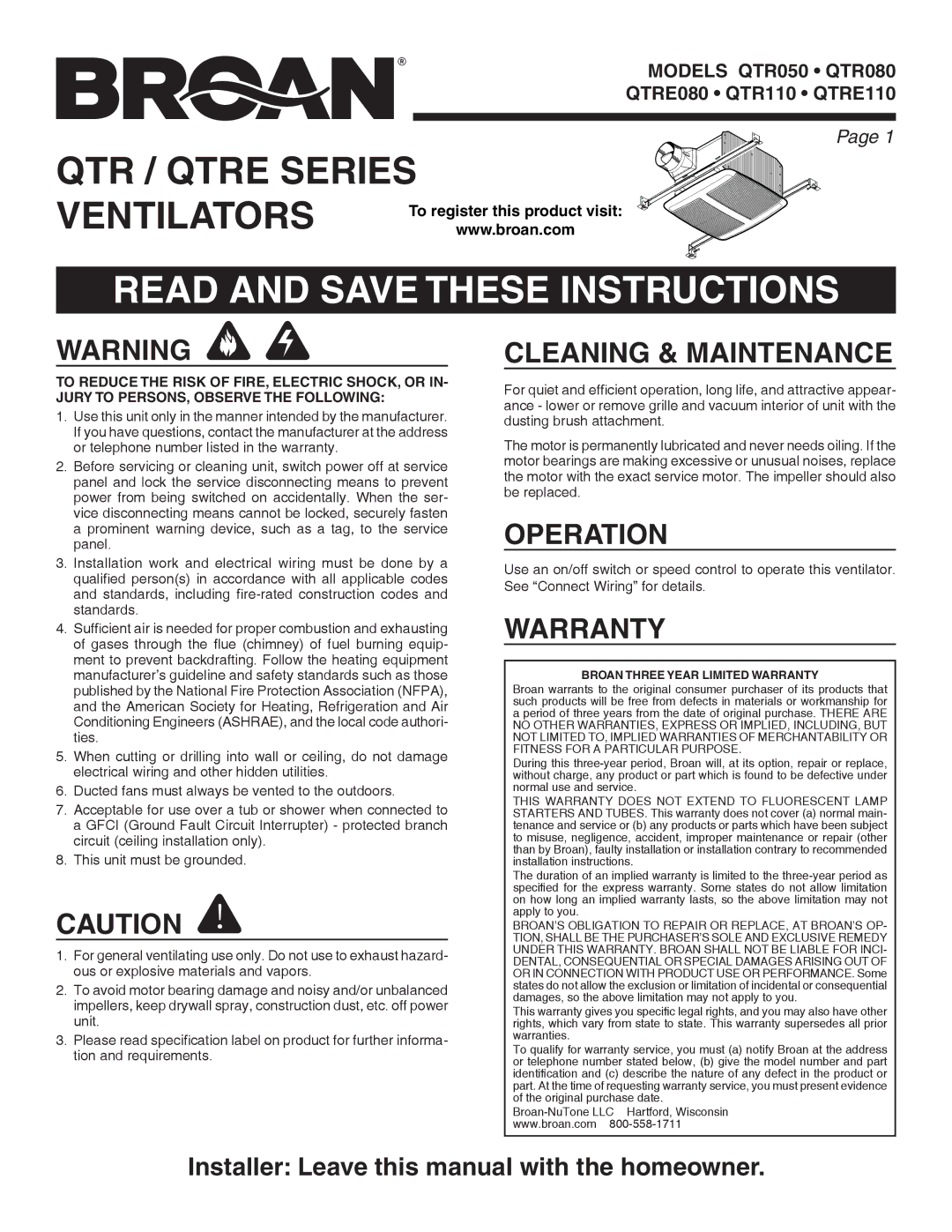 Broan QTR050 warranty Read and Save These Instructions, Cleaning & Maintenance, Operation, Warranty 