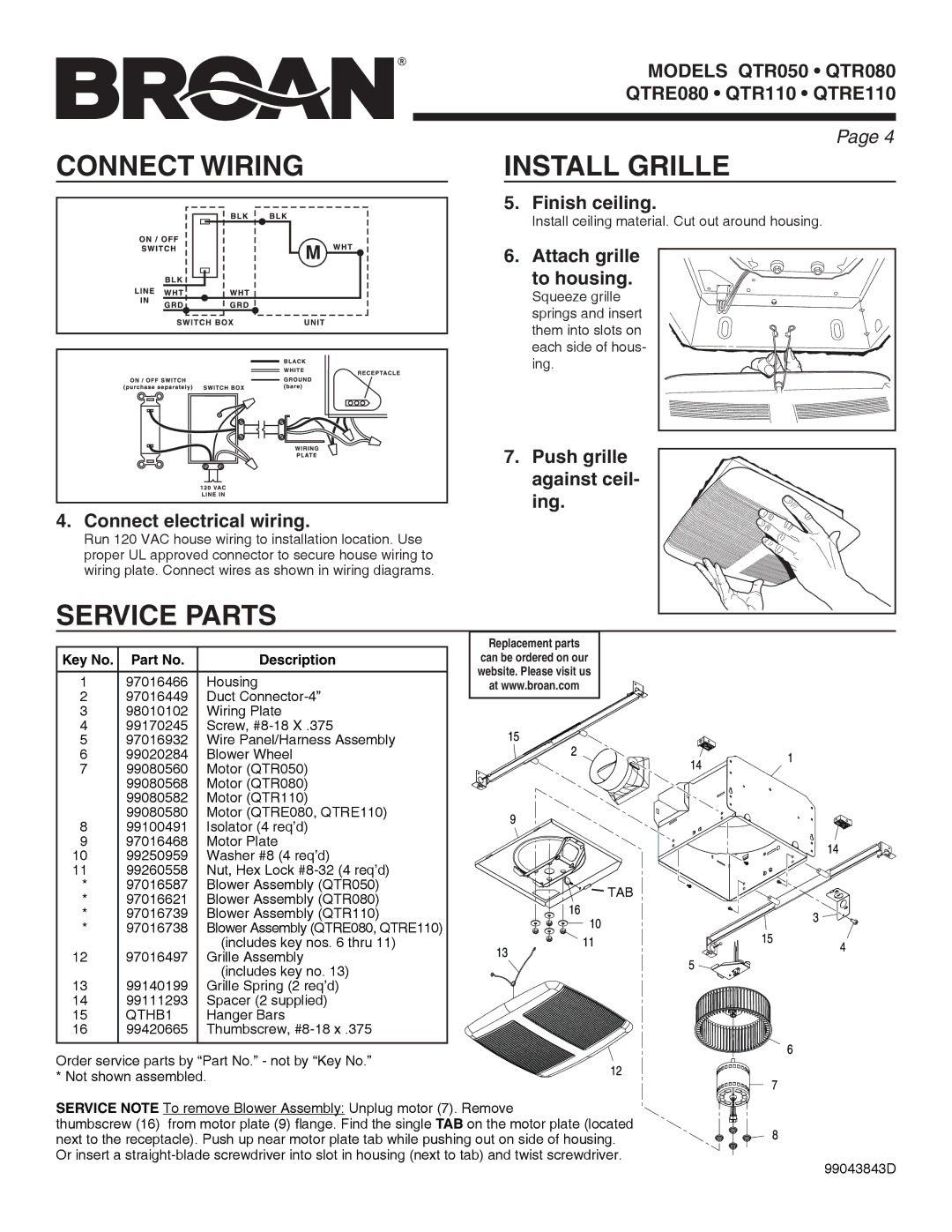 Broan QTR050 warranty Connect Wiring Install Grille, Service Parts 