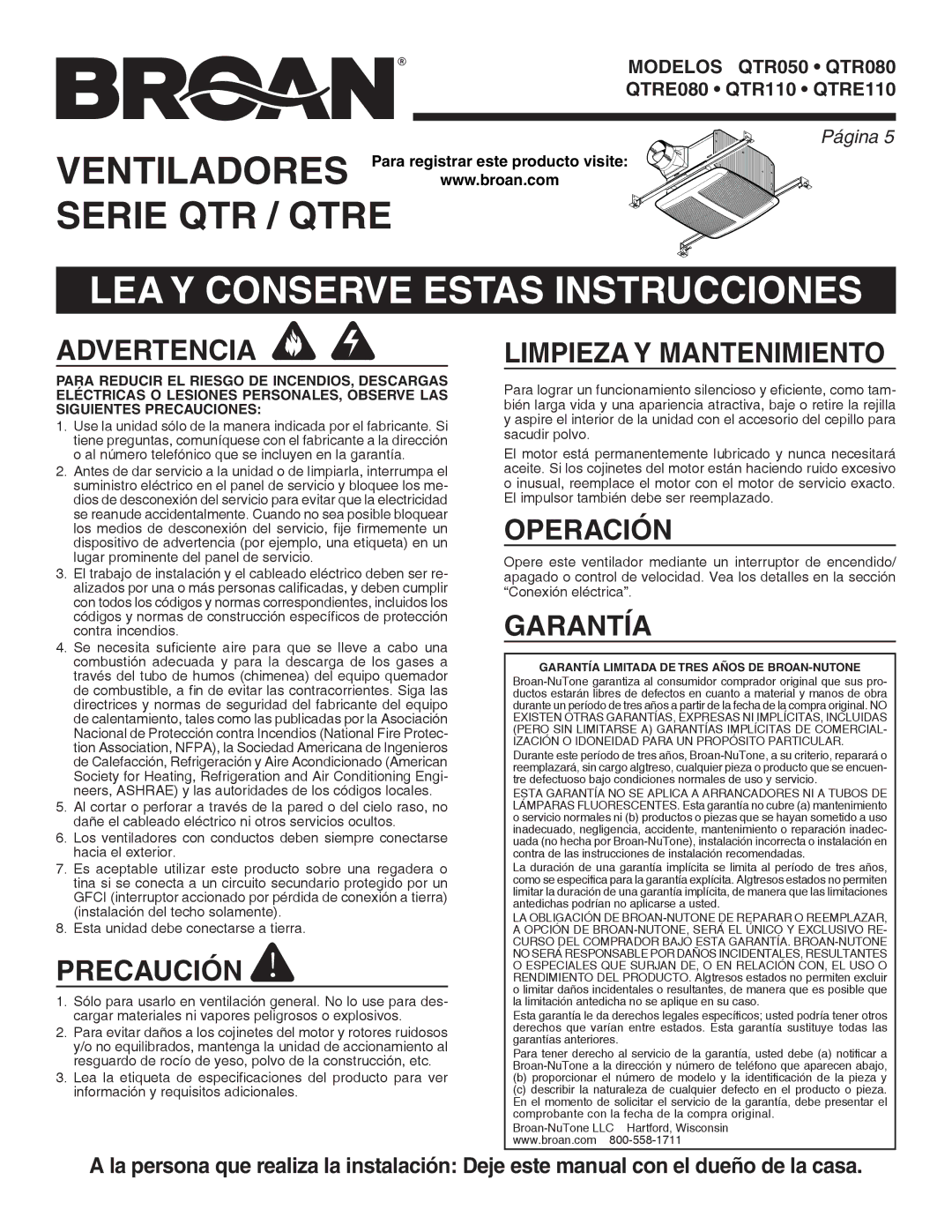 Broan QTR050 warranty LEA Y Conserve Estas Instrucciones 