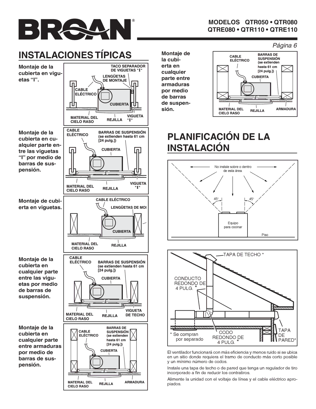 Broan QTR050 warranty Instalaciones Típicas, Planificación DE LA Instalación 