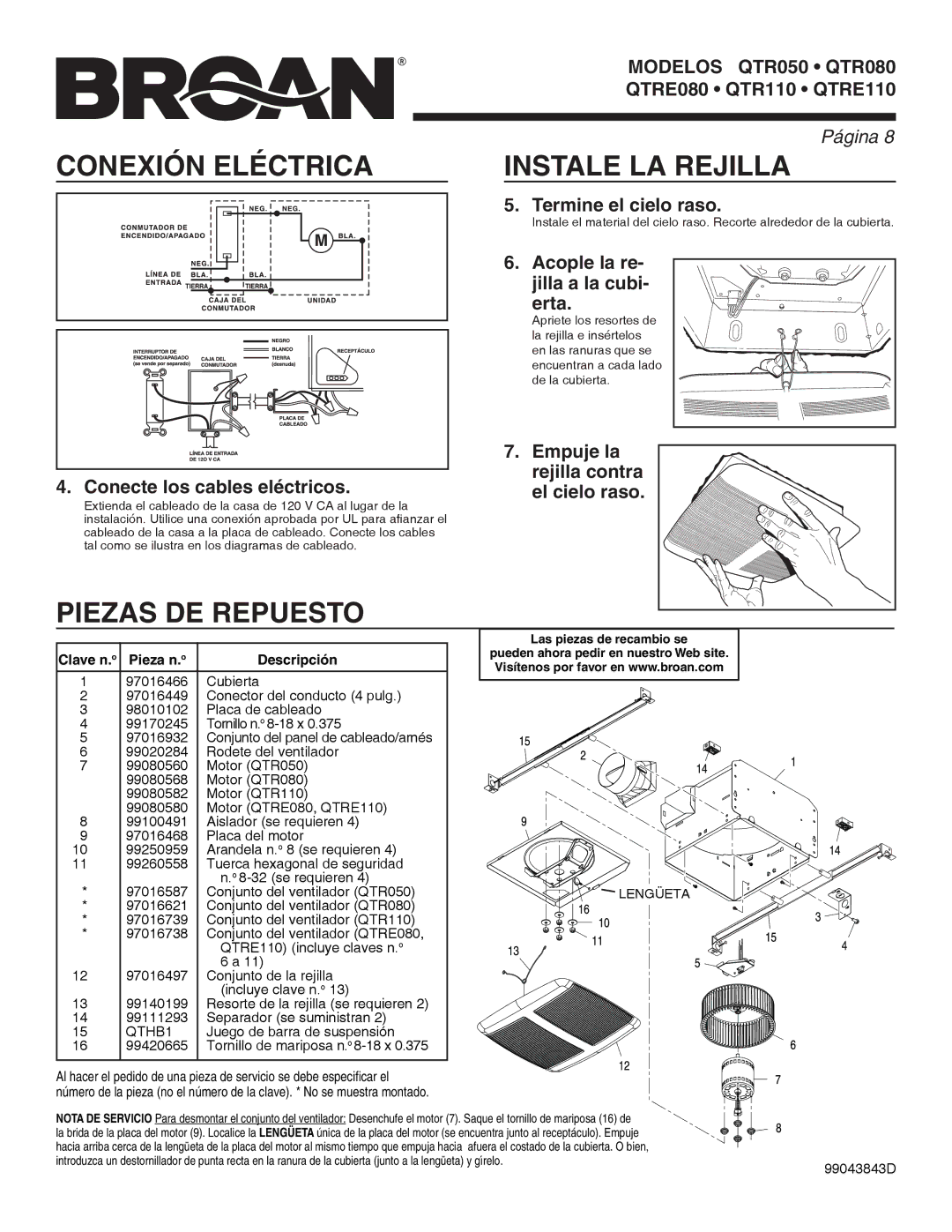 Broan QTR050 warranty Conexión Eléctrica Instale LA Rejilla, Piezas DE Repuesto 