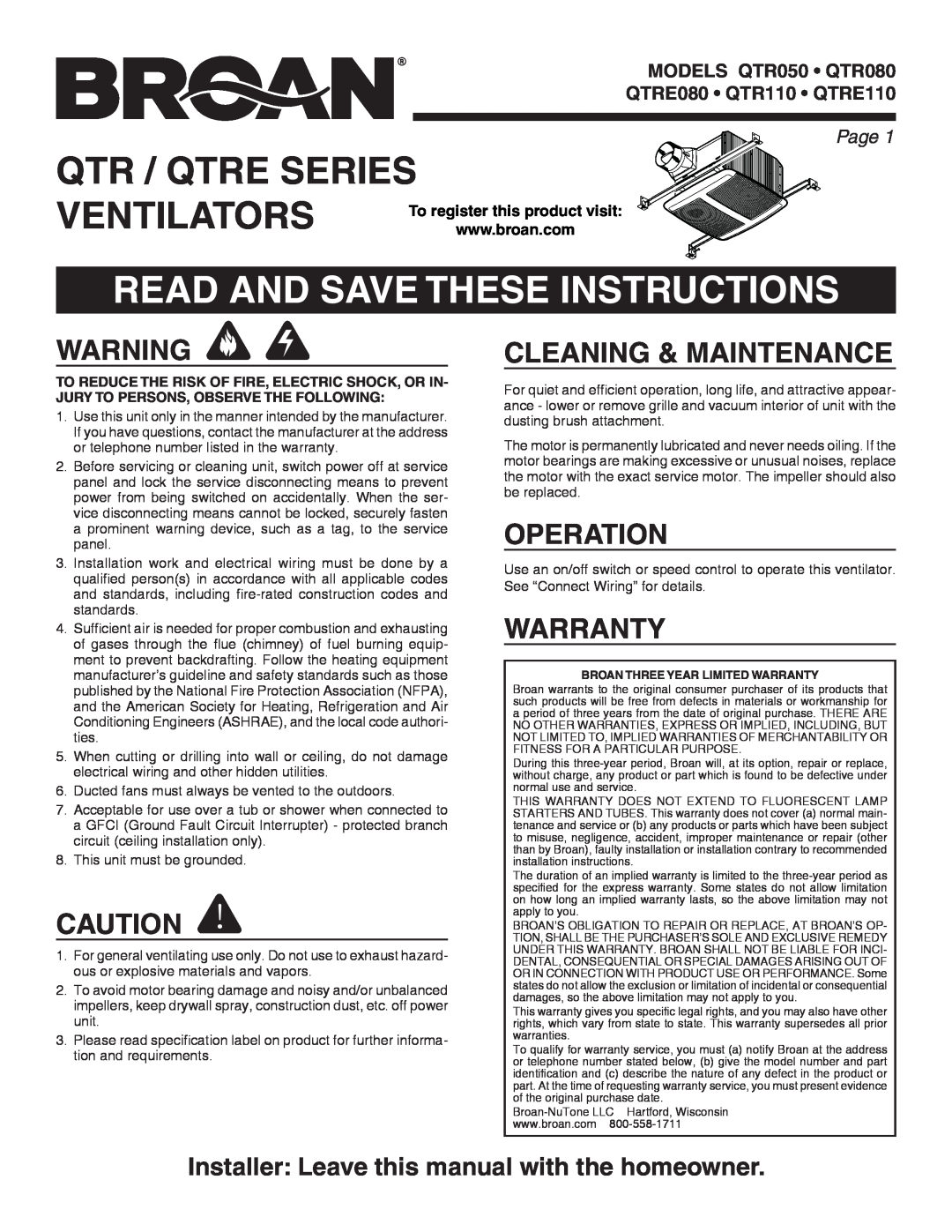 Broan QTR050 warranty Qtr / Qtre Series, Read And Save These Instructions, Cleaning & Maintenance, Operation, Warranty 