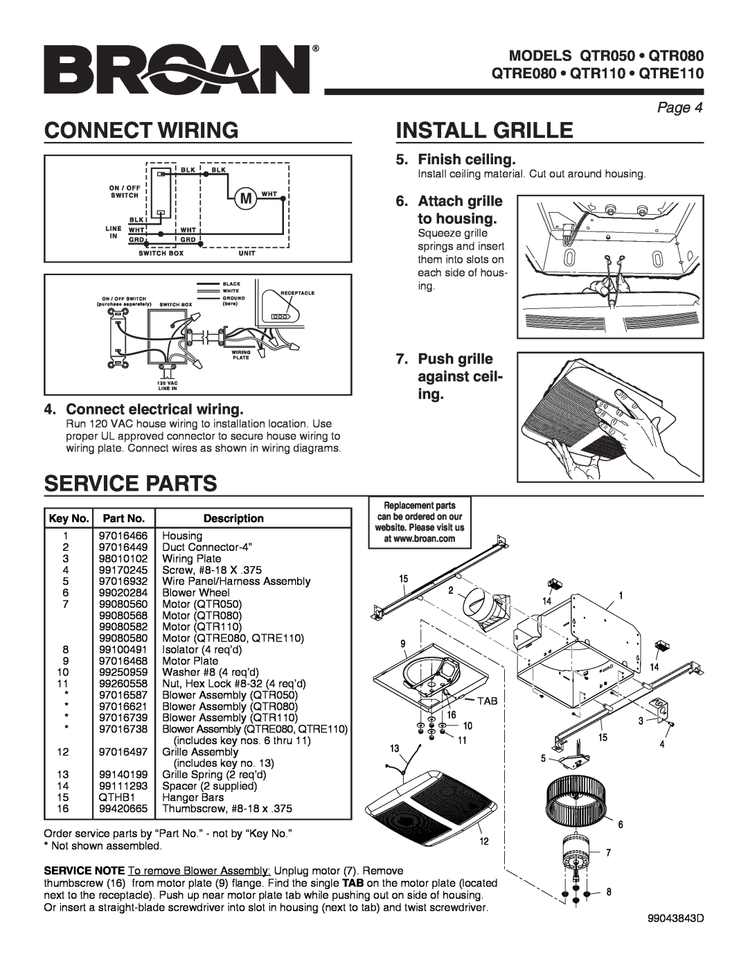 Broan QTR050 warranty Connect Wiring, Install Grille, Service Parts, MODELS qtr050 QTR080, QTRE080 QTR110 QTRE110, Page  