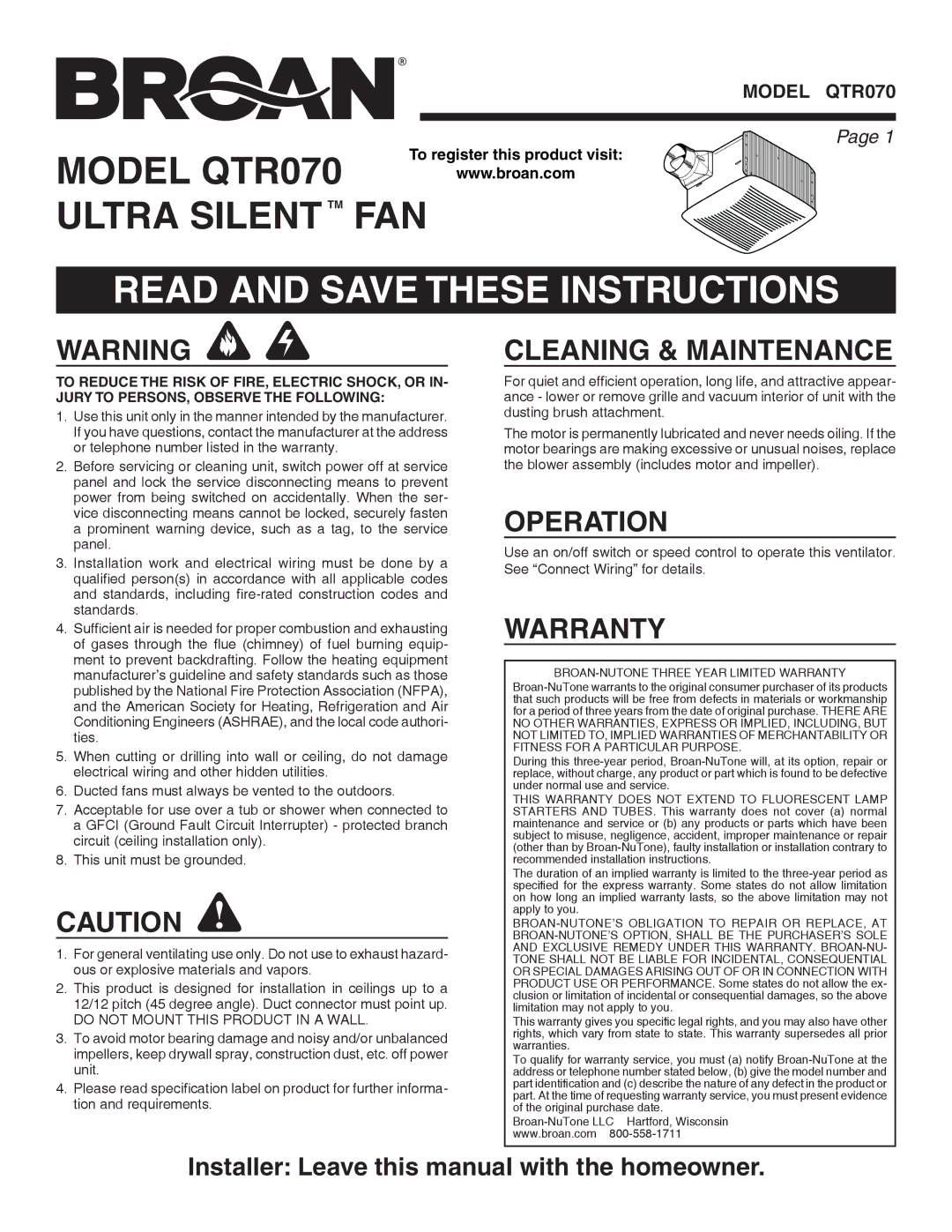 Broan QTR070 warranty Read and Save These Instructions, Cleaning & Maintenance, Operation, Warranty 