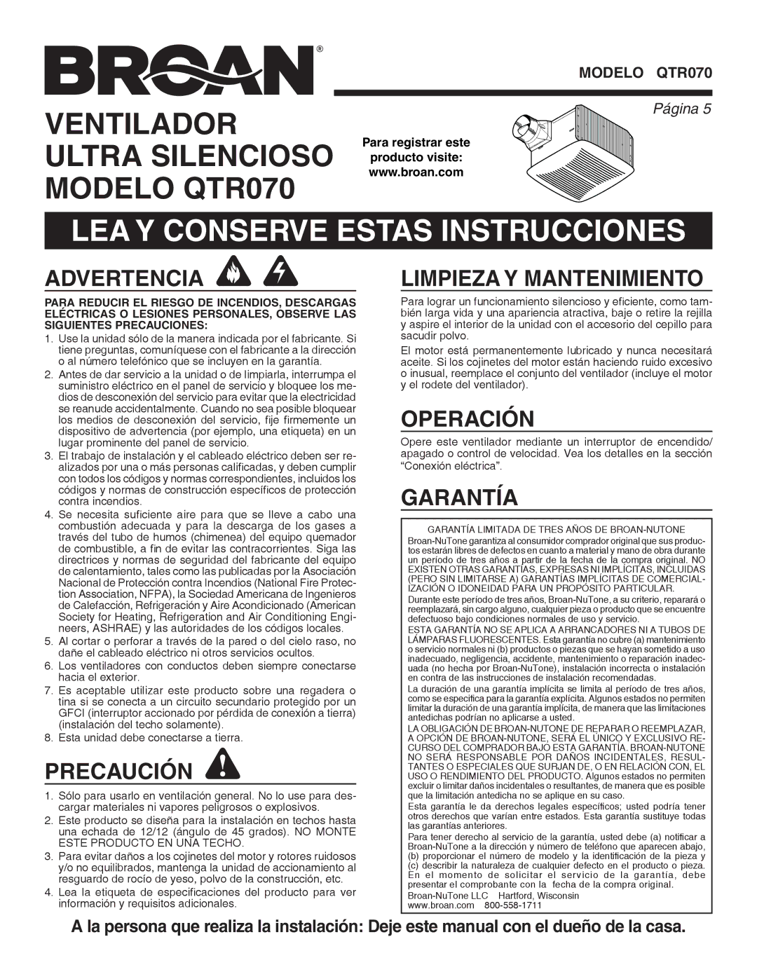 Broan QTR070 warranty LEA Y Conserve Estas Instrucciones 