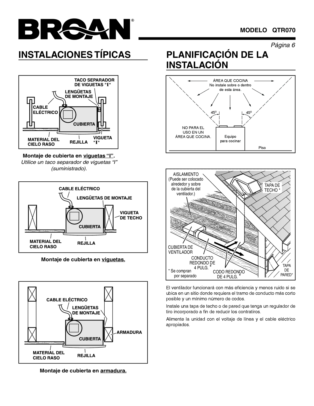 Broan QTR070 warranty Instalaciones Típicas, Planificación DE LA Instalación, Tapa DE, Techo 