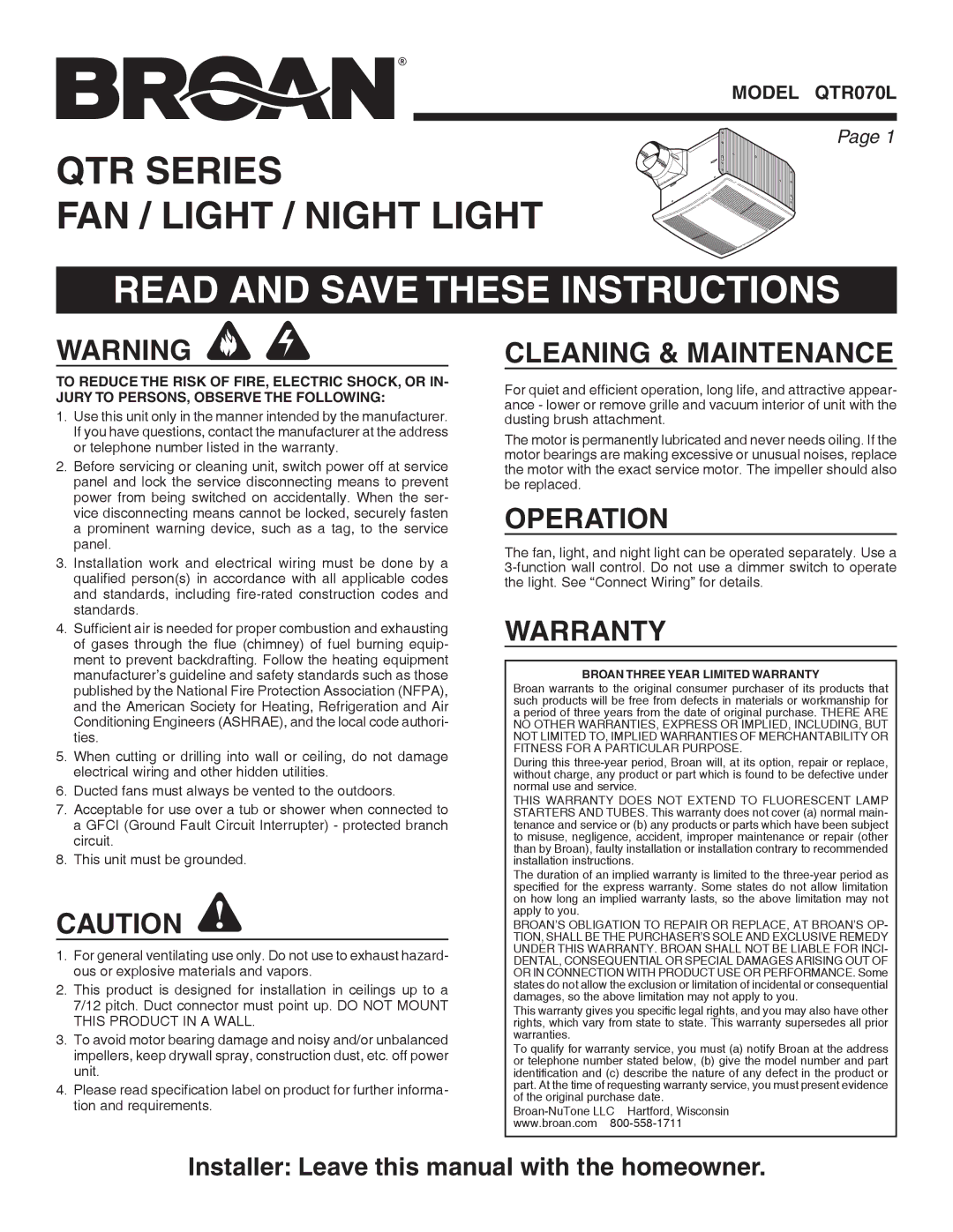 Broan QTR070L warranty Read and Save These Instructions, Cleaning & Maintenance, Operation, Warranty 