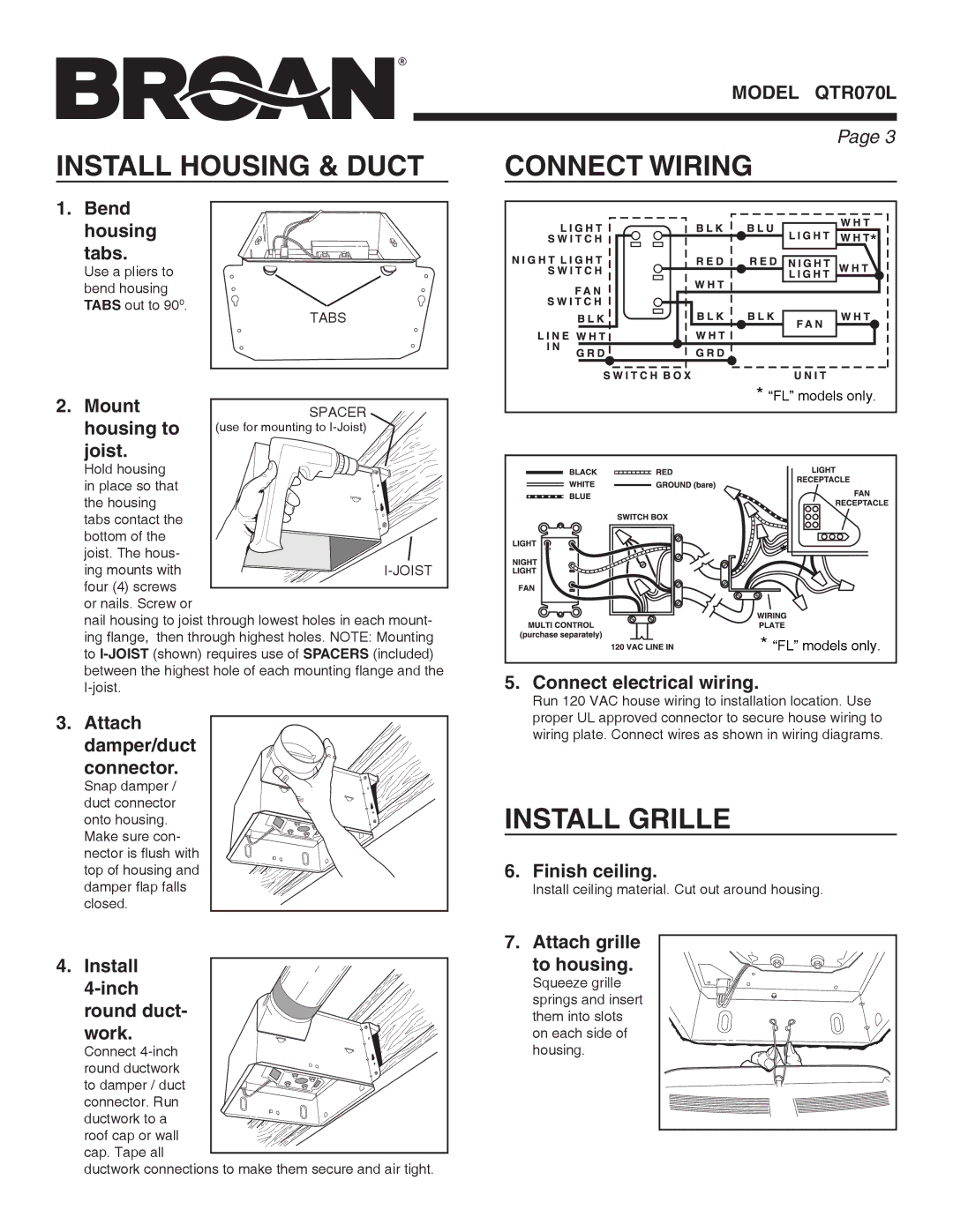 Broan QTR070L warranty Install Housing & Duct Connect Wiring, Install Grille 