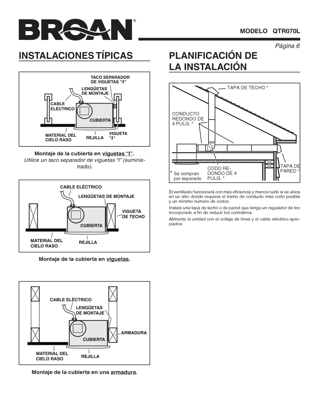 Broan QTR070L warranty Instalaciones Típicas, Planificación DE LA Instalación 