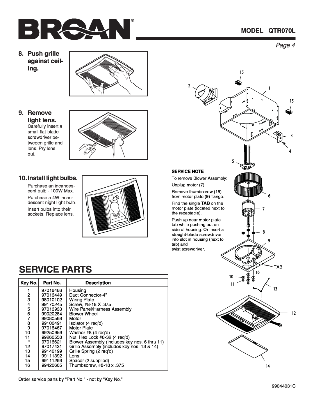 Broan QTR070L warranty Service Parts, Page , Description 