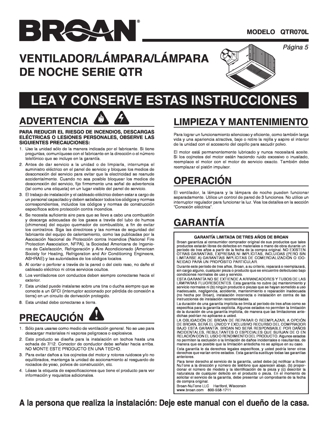 Broan QTR070L Lea Y Conserve Estas Instrucciones, Advertencia, Precaución, Limpieza Y Mantenimiento, Operación, Garantía 