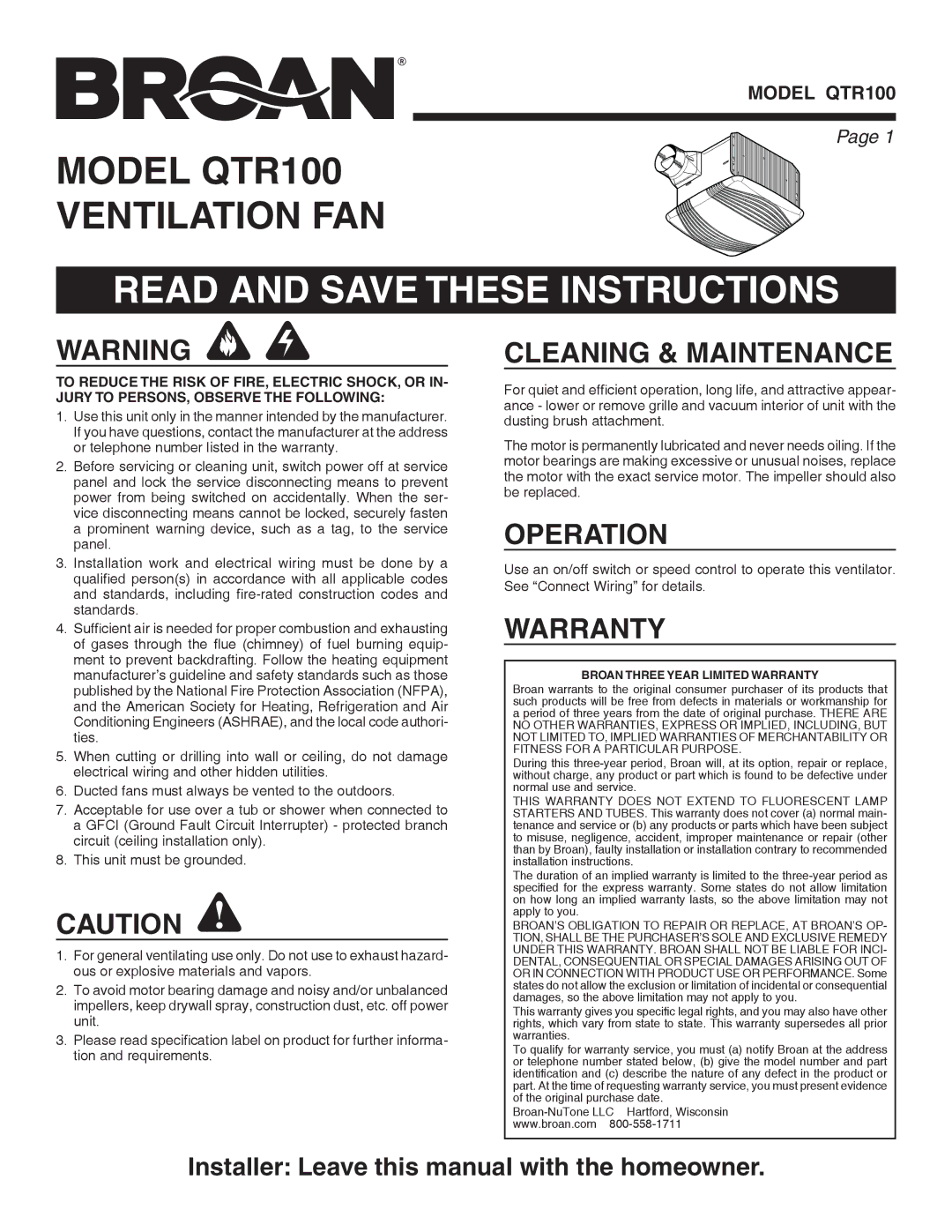 Broan QTR100 warranty Read and Save These Instructions, Cleaning & Maintenance, Operation, Warranty, Model qtr100 