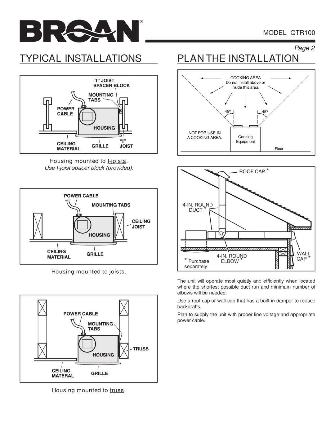 Broan QTR100 warranty Typical Installations, Plan the Installation 