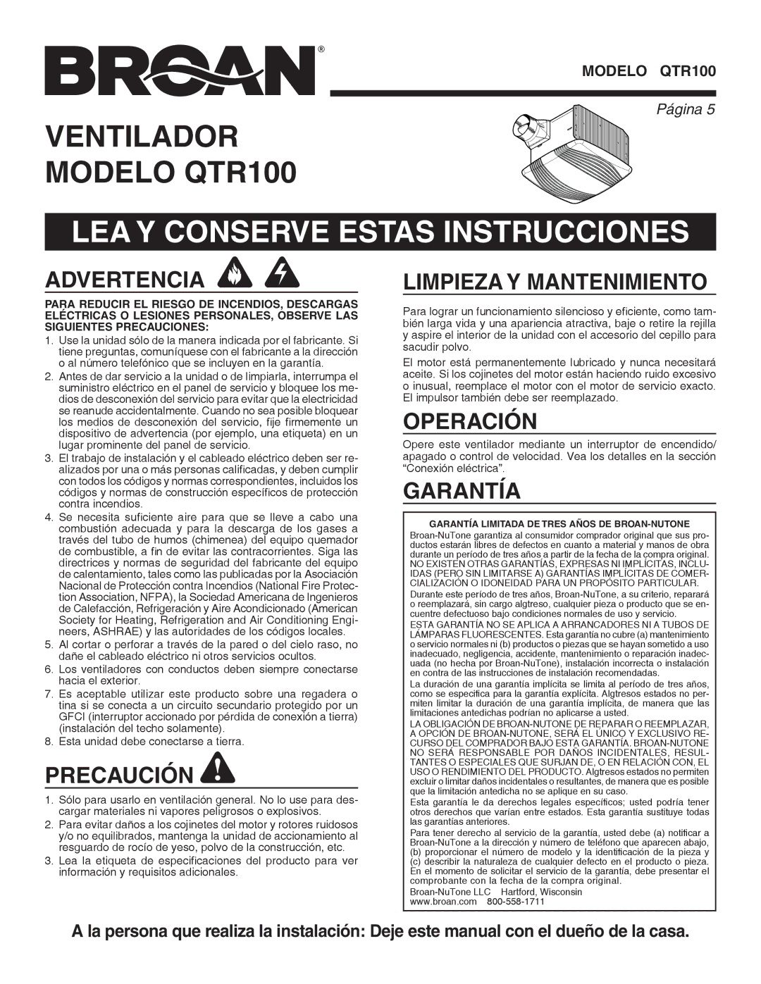 Broan QTR100 warranty LEA Y Conserve Estas Instrucciones 