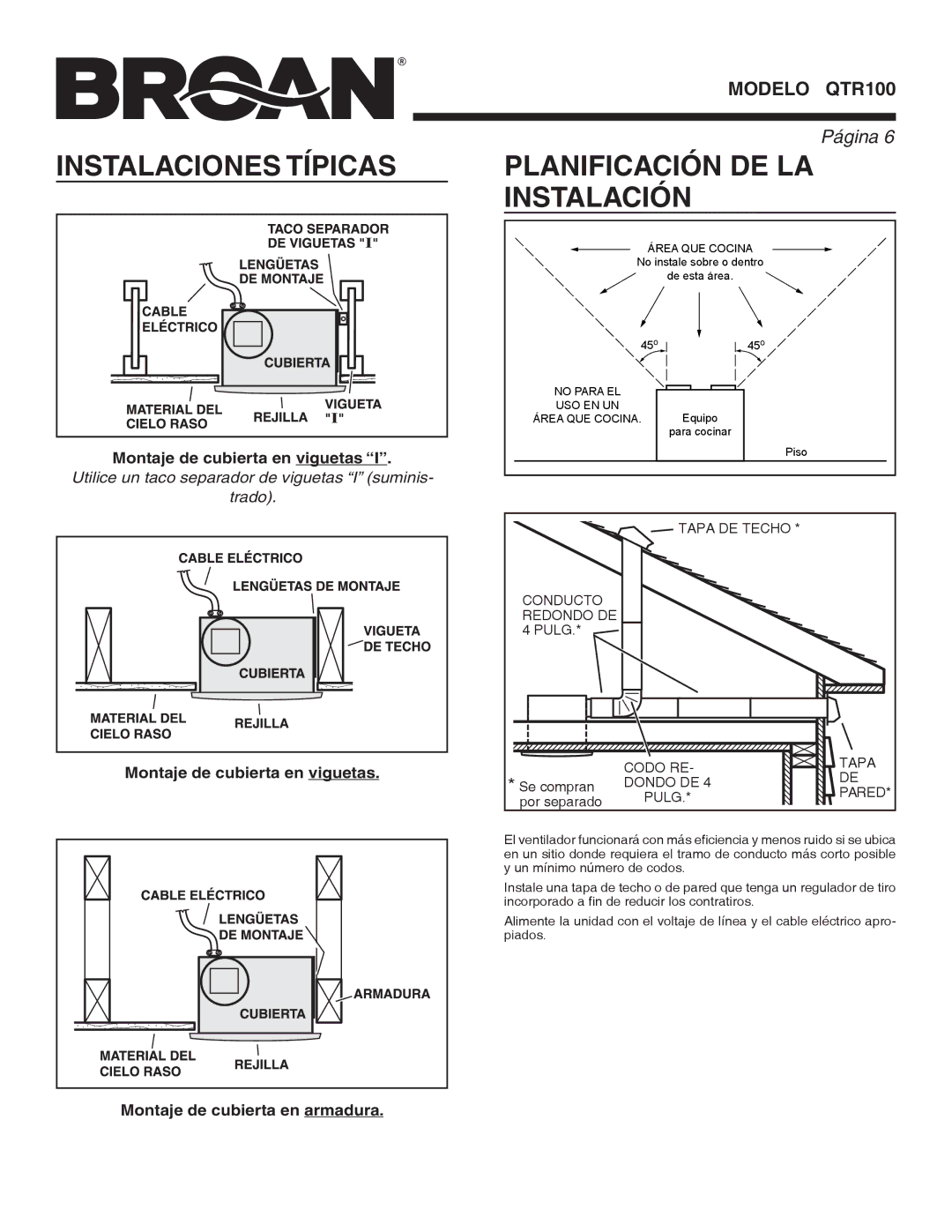 Broan QTR100 warranty Instalaciones Típicas, Planificación DE LA Instalación 