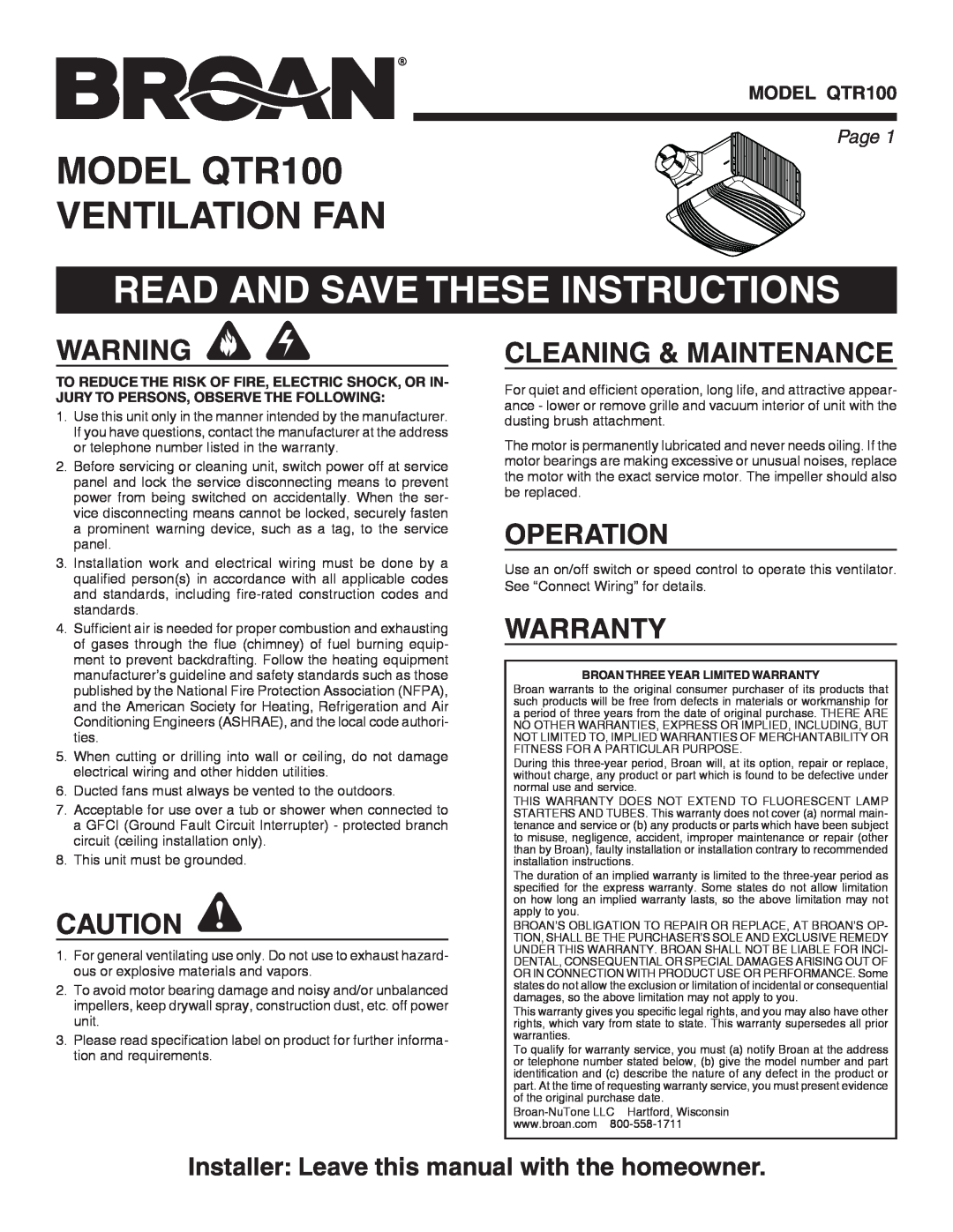 Broan warranty MODEL QTR100 VENTILATION FAN, Read And Save These Instructions, Cleaning & Maintenance, Operation 