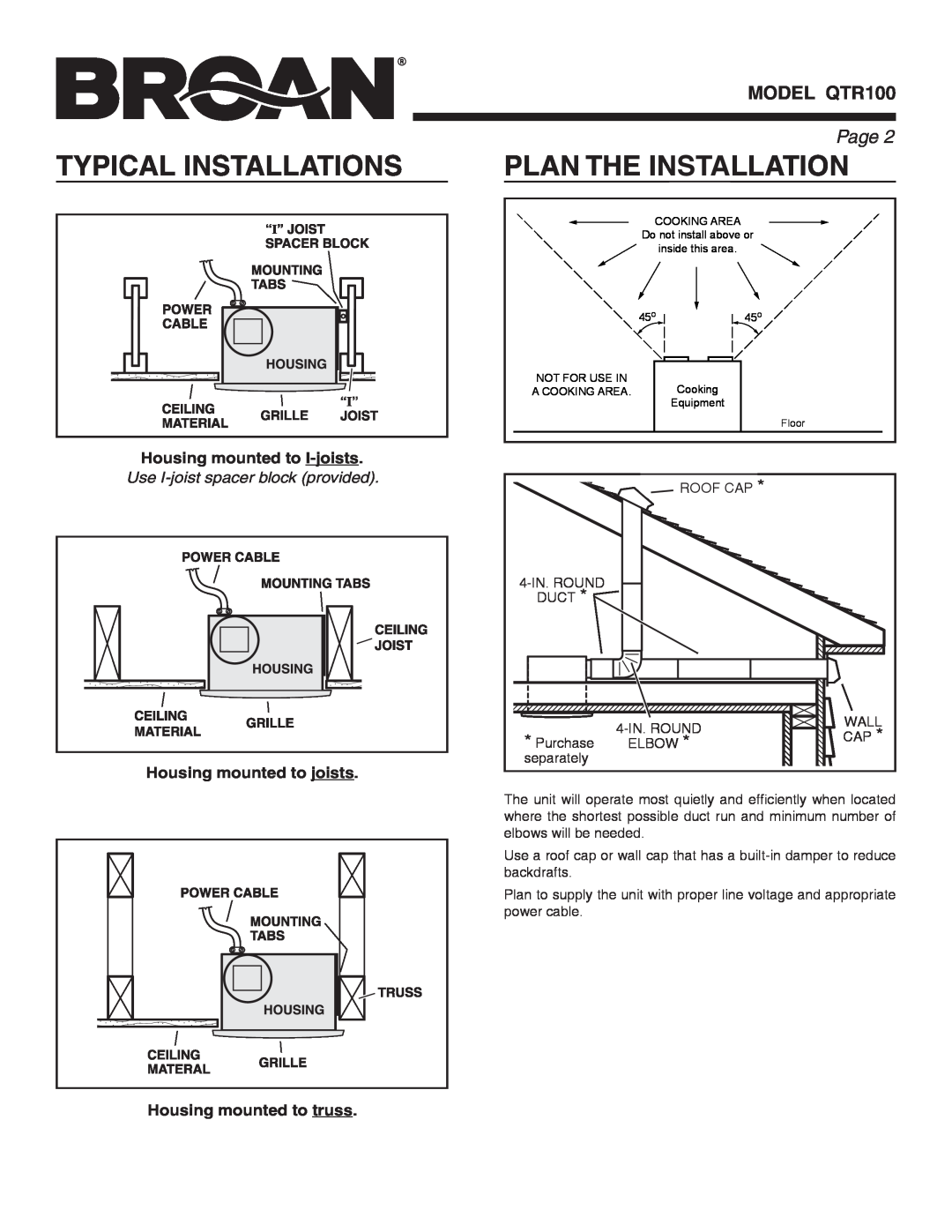 Broan QTR100 Typical Installations, Plan The Installation, Page , Housing mounted to I-joists, Housing mounted to joists 