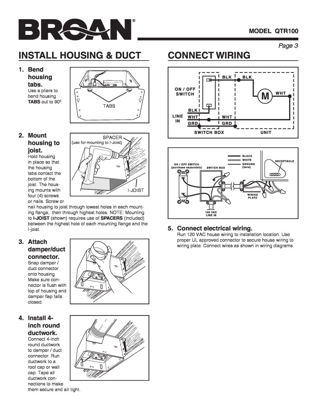 Broan QTR100 warranty Install Housing & Duct, Connect Wiring, Page  