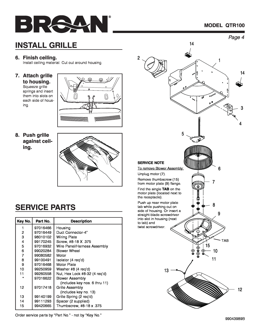 Broan QTR100 warranty Install Grille, Service Parts, Page , Description 