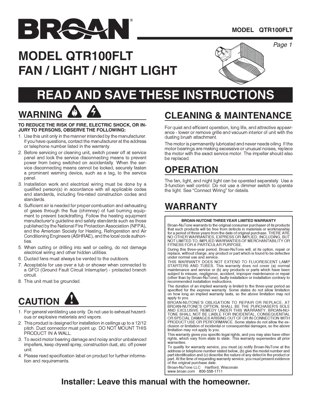 Broan QTR100FLT warranty Read and Save These Instructions, Cleaning & Maintenance, Operation, Warranty 