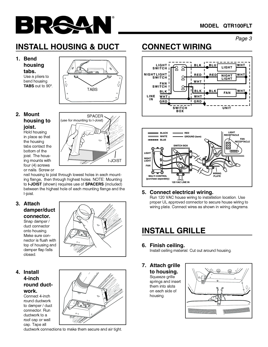 Broan QTR100FLT warranty Install Housing & Duct, Connect Wiring, Install Grille 